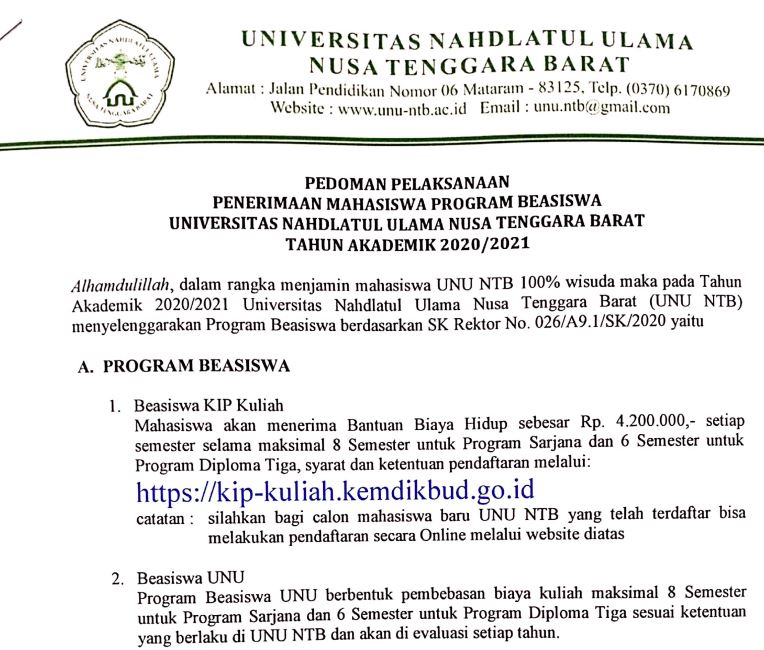 Pedoman Pelaksanaan Penrimaan Mahasiswa Program Beasiswa Unu Ntb Tahun Akademik 2020/2021 - Universitas Nahdlatul Ulama Ntb